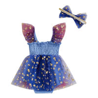 Pudcoco-Conjunto de 4 de julio para niña, pelele con estampado de estrellas y letras, vestido de malla con mangas voladoras y diadema con lazo, conjunto de 2 uds. - details 3