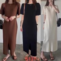 Nuevo vestido Vintage de verano para mujer, tejido de seda helada, moda coreana, cuello redondo, manga corta, informal, suelto, Vestidos largos con abertura - details 1