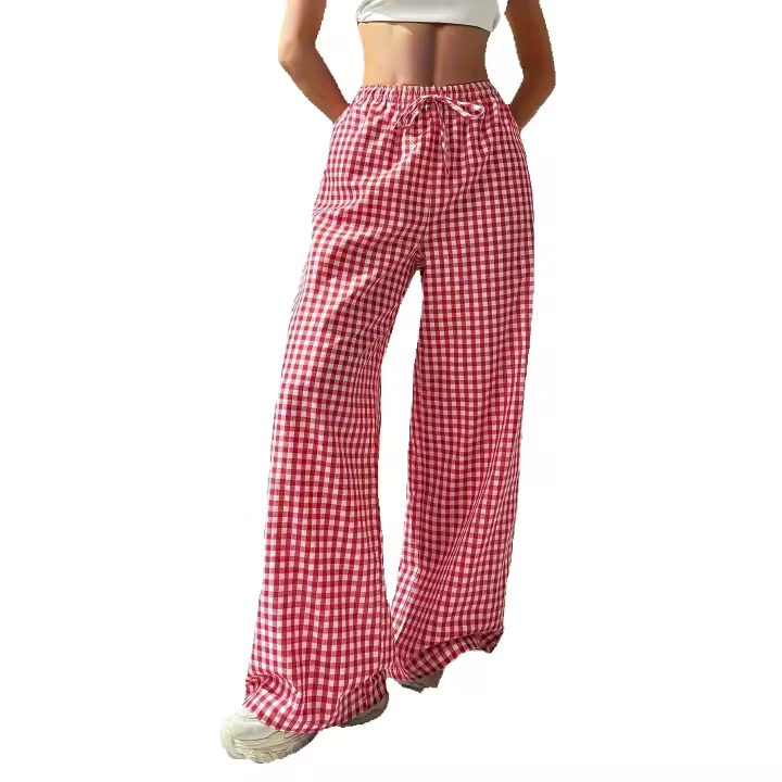 Primavera otoño pantalones de tartán rosa hueco con cordones pantalones de tartán casual - 1