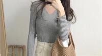 Suéter Sexy ajustado con cuello en V para mujer Manga larga de punto con parte inferior suave - details 29