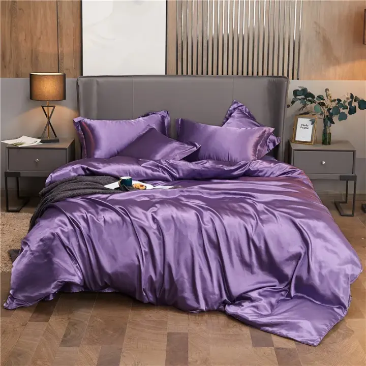 Juego de Ropa de Cama con Sábana de Satén Funda de Edredón Sábana de Tamaño Doble Individual Reina Corona Twin en Color Sólido Lujo - 1