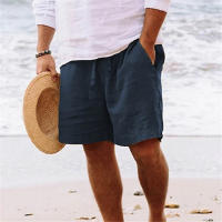 Verano Hombres Color Sólido Cinco Puntos Casual Pantalones Cortos Cordón Transpirable Pantalones de Playa Algodón Lino Pantalones Cortos Deportivos - details 7
