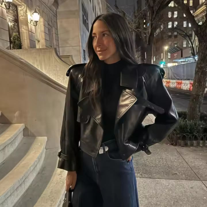 Chaqueta de Cuero Casual para Mujer Manga Larga, Pecho Ancho, Cinturón, Moda Otoño 2024 - 1