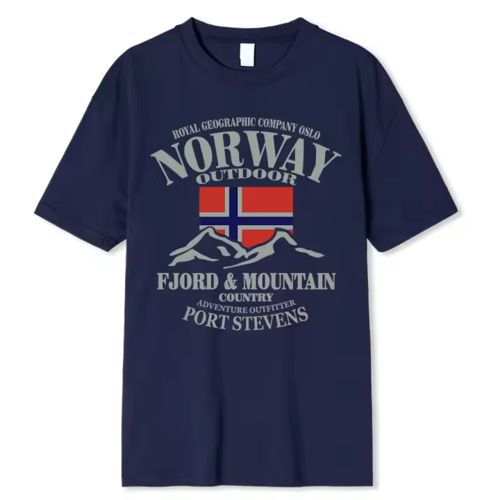 Camiseta de Algodón para Hombres Cuello Redondo, Manga Corta, Diseño de Bandera Noruega, Montañas Fjord, Estilo Hip-Hop Loco, Talla Grande, Verano - 1