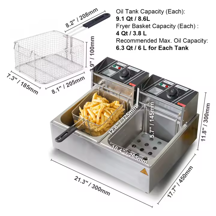 SucceBuy Freidora eléctrica comercial, 24 L, 5000 W, freidora de encimera de acero inoxidable con cestas extraíbles duales - 1