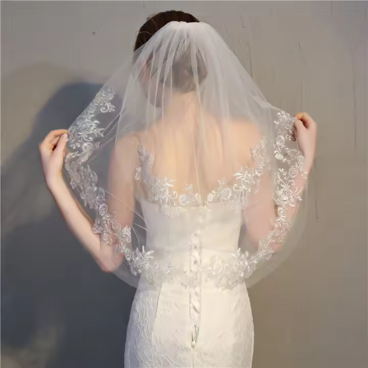 Velo de novia corto, peineta de doble capa, exquisito encaje plateado, accesorios para velo de novia - 1