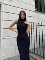 Mujer de punto sin mangas con cuello alto, vestido largo elegante de moda para otoño 2023 - details 6