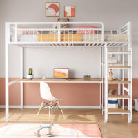 Cama alta de metal, 90*200 cm (sin colchón), escalera de seguridad con peldaños, cama individual, cama infantil con mesa y estantes, valla de seguridad de malla metálica, blanco - details 0