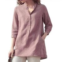 Elegante lino de algodón para mujer, informal con solapas, botones lisos, camisas holgadas de manga 3/4 para otoño e invierno, blusas tipo túnica - details 2