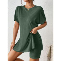 Conjunto de Dos Piezas Cómodo de Color Sólido Manga de Bato, Cuello Redondo, Shorts Ajustados para Mujeres - details 18