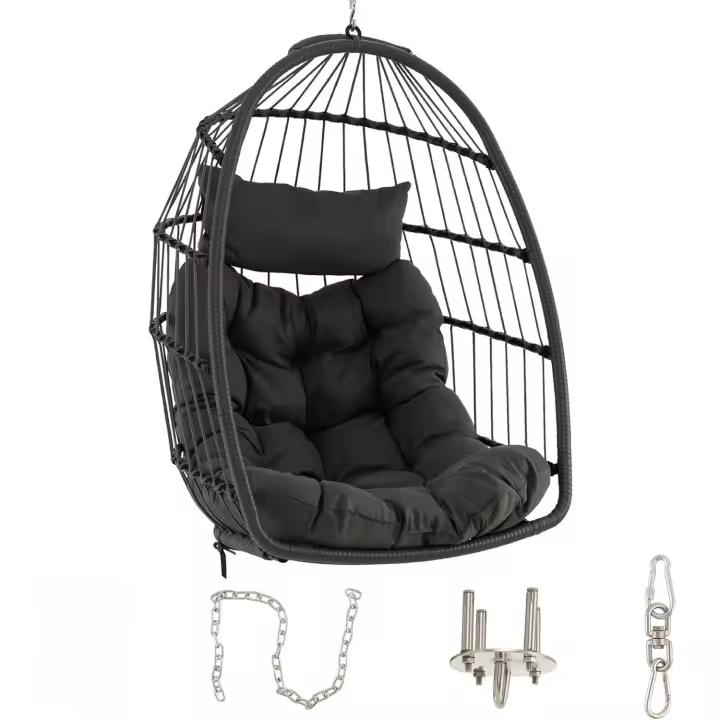 Sillón colgante de huevo, silla columpio con almohada y cojín suave, sillón colgante de ratán PE, diseño plegable para interior, exterior, dormitorio, terraza, jardín, capacidad 150 kg - 1