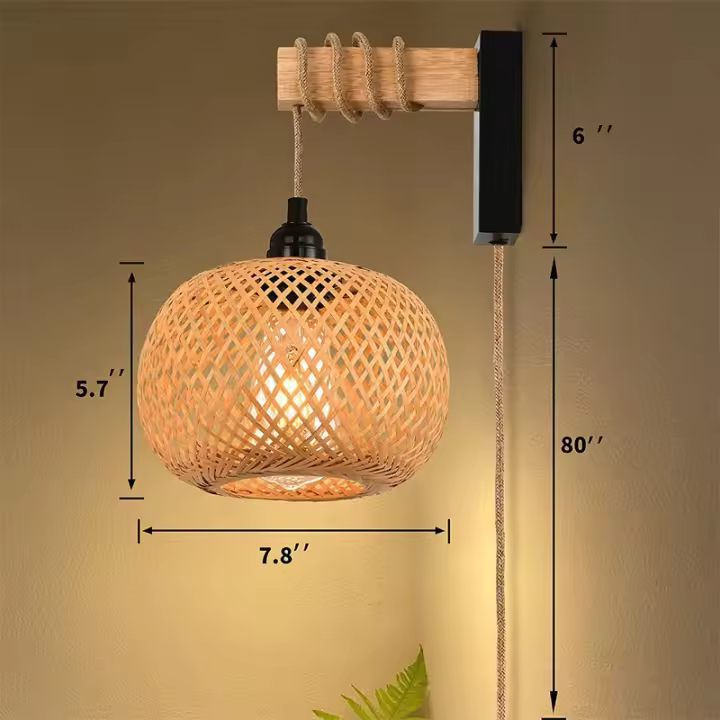 Lámpara de Pared de Bambú Tejida a Mano, Luz de Pared Rústica de Ratán, Lámpara de Pared regulable - 1