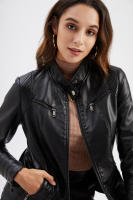 Chaqueta de cuero PU estampada con cuello levantado para mujer, delgada, primavera y otoño - details 1