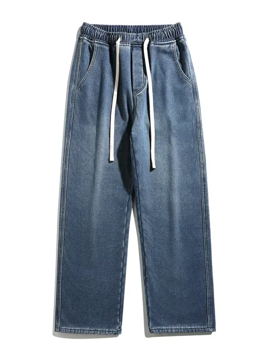 Pantalones rectos cálidos de moda de invierno para hombre, pantalones vaqueros de pierna ancha azul retro - 1