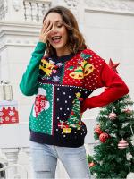 Suéter de punto con patrón de árbol de Navidad de copo de nieve, jersey de ganchillo de manga larga, cuello redondo informal - details 5