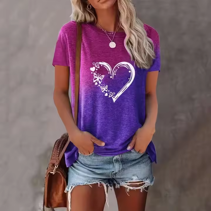 Camiseta de Manga Corta con Estampado de Mariposa y Corazón Ropa Casual de Primavera-Verano para Mujeres Moda Oversize - 1