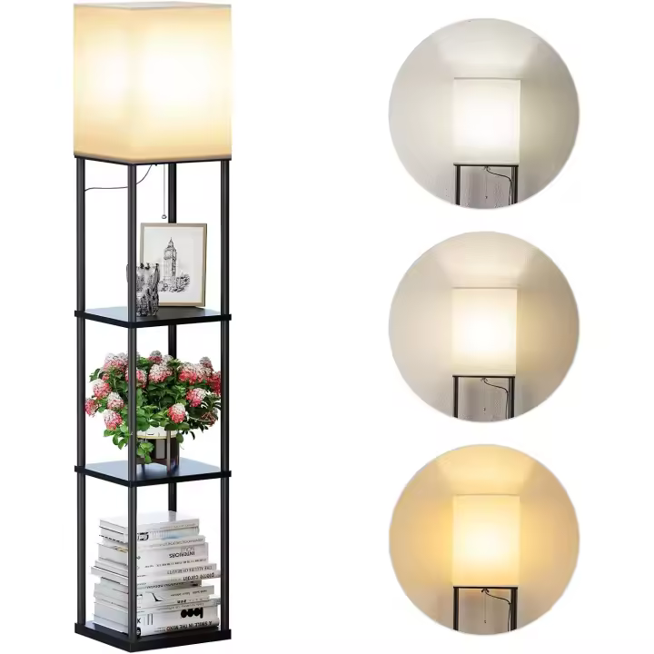 Lámpara de Pie, Temperatura de 3 Colores, Lámpara con Estantes con Bombilla LED, Lámpara de Salón, Dormitorio, Estudio y Oficina, Negro,Decoración Hogar Vintage - 1