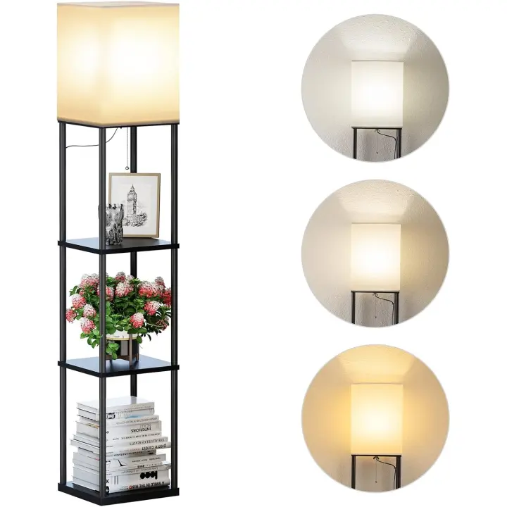 Lámpara de Pie, Temperatura de 3 Colores, Lámpara con Estantes con Bombilla LED, Lámpara de Salón, Dormitorio, Estudio y Oficina, Negro,Decoración Hogar Vintage - 1