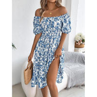 Primavera Verano 2025 Europeo y Americano Floral Cuello Cuadrado Manga Corta Cintura con Volantes Falda Línea A - details 22