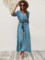 Novedad de verano, vestido bohemio de viaje para vacaciones y playa con cuello en V y mangas tres cuartos con mangas acampanadas y lazo en la cintura - details 8