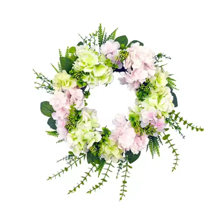 Corona de flores artificiales para decoración de puerta delantera, 19,69 ", 50cm, con hortensias y hojas verdes, corona de verano para pared - 1