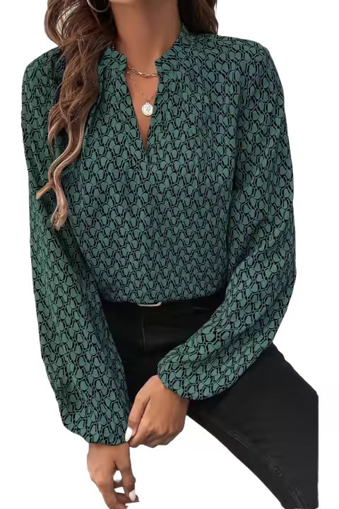 Elrachen Blusa de manga abullonada con cuello con muescas y estampado geométrico para mujer, verde, tallas S-XL - 1