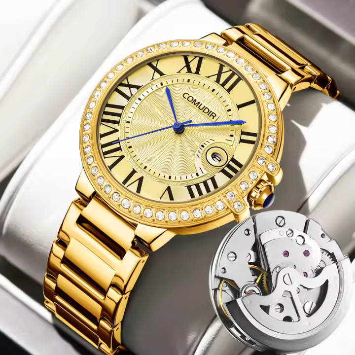 Calado falso reloj mecánico hombre luminoso calendario resistente al agua - 1