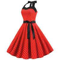 Vintage Women Summer Polka Dot Print Halter Party Dresses - details 17