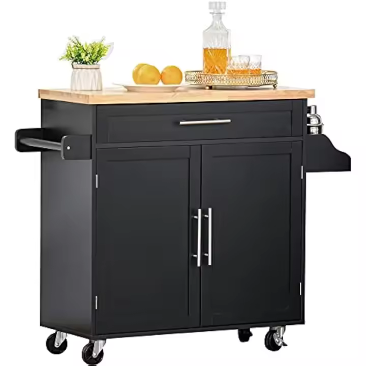 Carrito de Cocina con Armario con Puertas y Estante Interior Cajón Ajustable Barra y Especiero Móvil Aparador Auxiliar con Ruedas para Comedor 109x40x89 cm Negro - 1