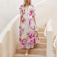 2025 primavera nuevo vestido de playa para mujer de Amazon vestido europeo y americano de impresión elástica de cuatro lados con péndulo ajustado - details 4