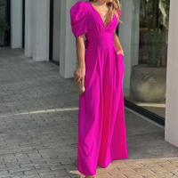 Mono Elegante De Cintura Alta Para Mujer, Cuello En V, Ajustado, Estilo De Oficina, Sólido, Verano - details 8