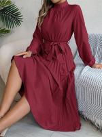 Vestido plisado elegante con cuello levantado y manga larga y cintura cerrada para mujer, vestido largo de Otoño Invierno - details 7