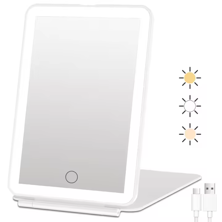 FUNTOUCH Maquillaje de viaje recargable con 72 luces LED, espejo de belleza iluminado portátil, iluminación de 3 colores, pantalla táctil regulable, - 1