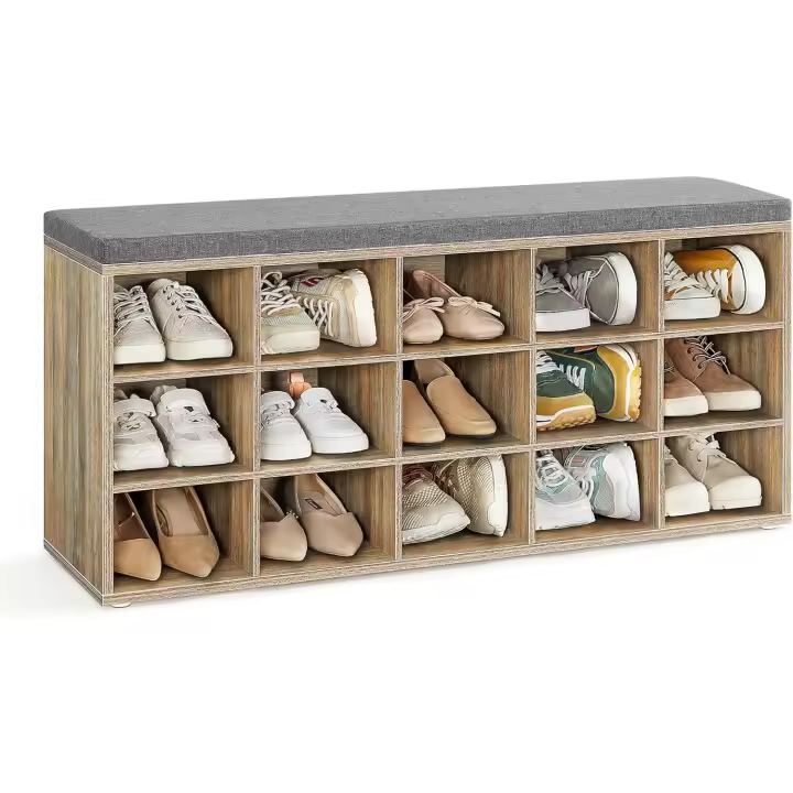 Banco Zapatero, Mueble Zapatero, Banco Recibidor con 9 Compartimentos y Asiento Acolchado, 30,3 x 78,5 x 48 cm, Entrada, Dormitorio, Sala de Estar, Blanco y Gris LHS009W14 - 1