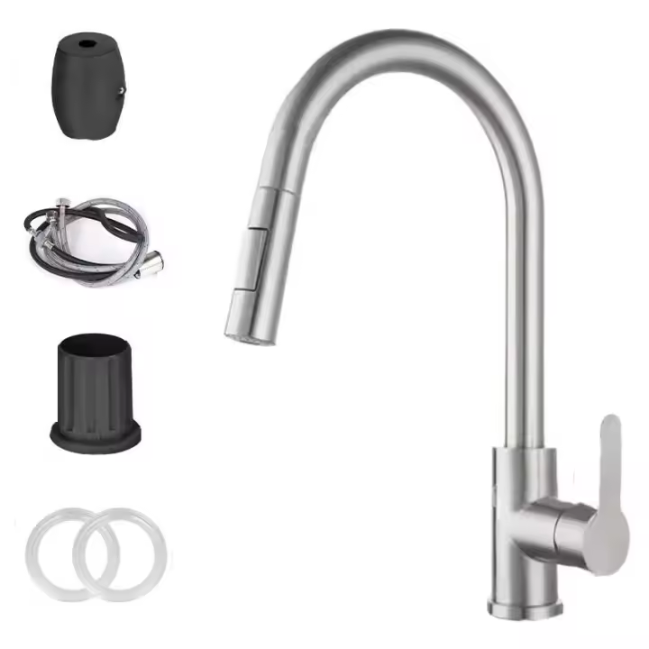 Tubo extraíble de un solo orificio, grifo para fregadero de cocina, cabezal rociador actual, grifo mezclador cromado/negro - 1