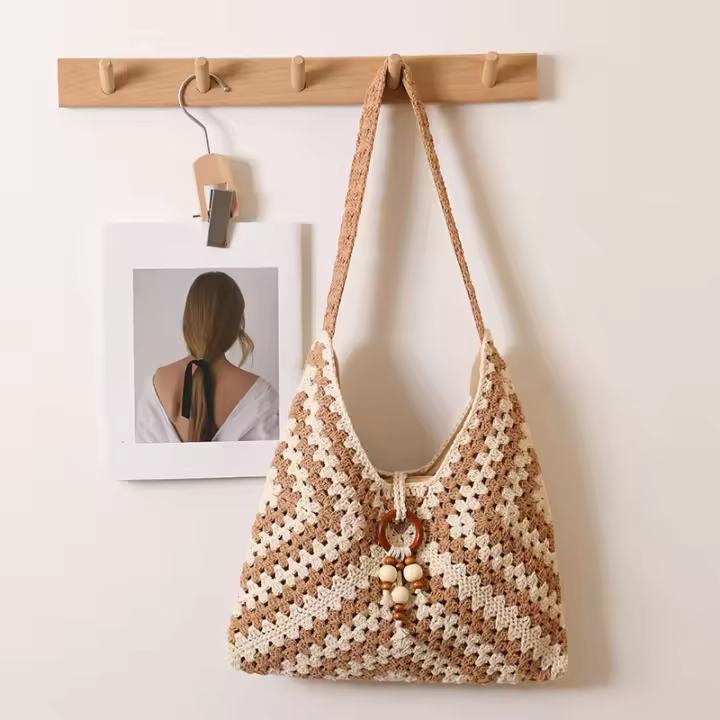 Bolso de algodón tejido de un solo hombro estilo étnico, bolso de paja, bolso de playa para vacaciones, bolso versátil para mujeres - 1