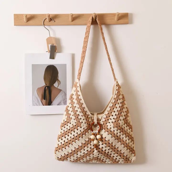 Bolso de algodón tejido de un solo hombro estilo étnico, bolso de paja, bolso de playa para vacaciones, bolso versátil para mujeres - 1