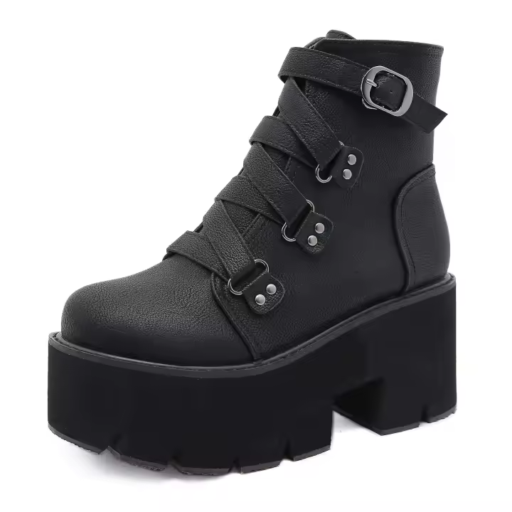 Dropshipping Logo estilo gótico Punk zapatos altos gruesos tacones grandes negros botines de mujer - 1