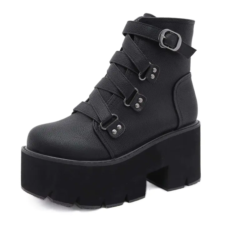 Dropshipping Logo estilo gótico Punk zapatos altos gruesos tacones grandes negros botines de mujer - 1