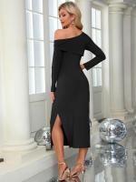 Maxivestido de punto con hombros descubiertos para mujer, vestido elegante de lujo con abertura, Color sólido, Bodycon, manga larga - details 18