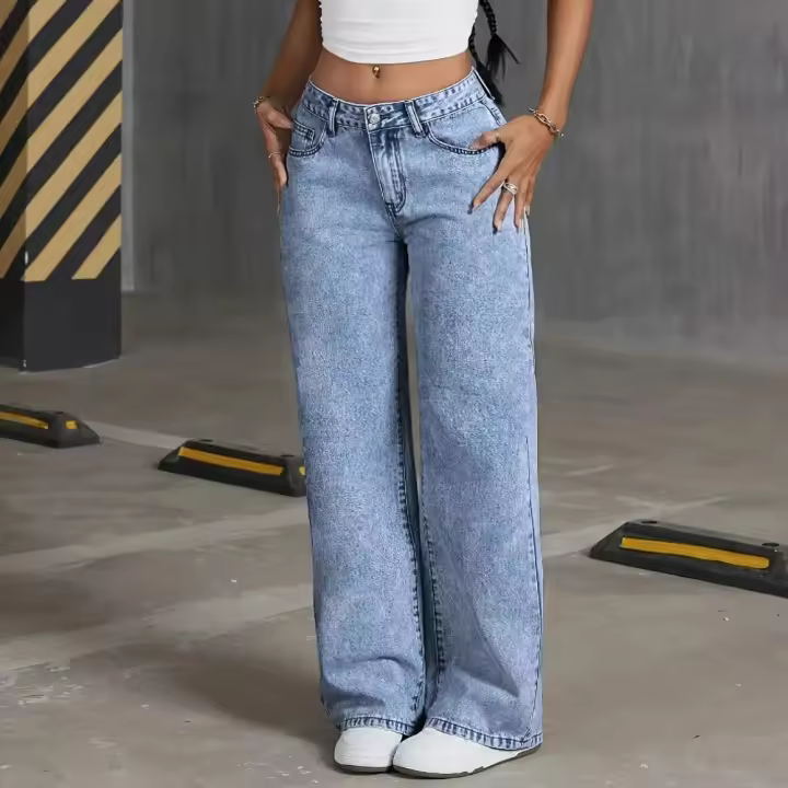 Pantalones de pierna ancha de moda bordados con lazo en el bolsillo trasero para mujer Pantalones de mezclilla lavados versátiles - 1