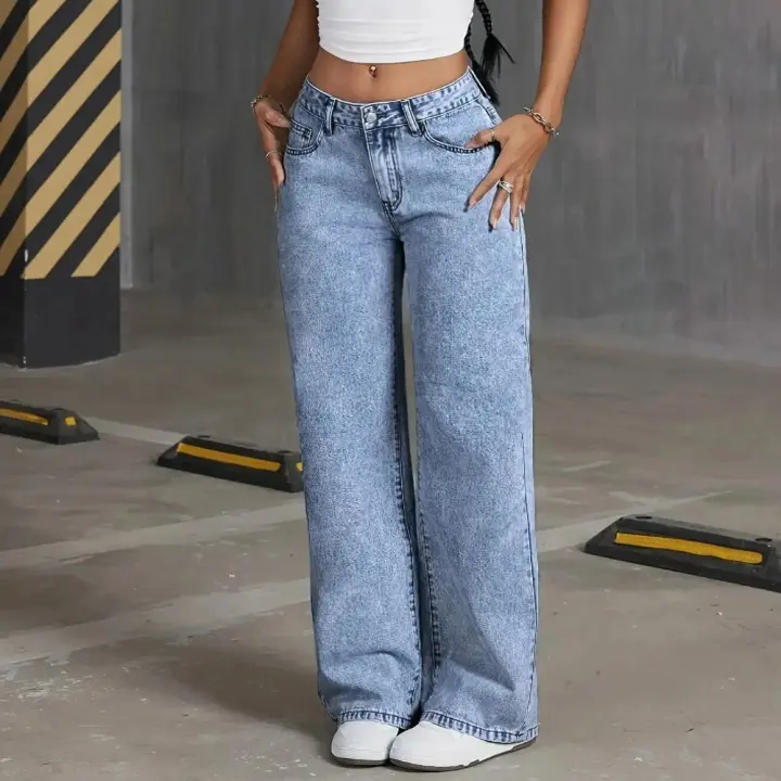 Pantalones de pierna ancha de moda bordados con lazo en el bolsillo trasero para mujer Pantalones de mezclilla lavados versátiles - 1