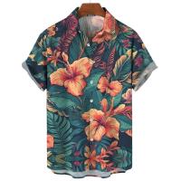 Camisa estampada de mezclilla hawaiana, pantalones cortos casuales, mangas superiores, ropa de calle grande, ropa de hombre original - details 1
