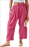 Pantalones de pierna ancha de lino para mujer, pantalones casuales sueltos de playa Palazzo Harem con bolsillos - details 4