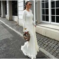 Vestido largo de punto con mangas acampanadas y dobladillo con volantes para mujer, Vestido elegante con espalda descubierta y cuello redondo con cordones, batas de vacaciones para mujer - details 5