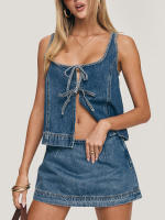 Conjunto de faldas vaqueras de dos piezas para mujer, Tops informales sin mangas con lazo en la parte delantera y minifalda a juego, ropa de calle Y2K - details 2