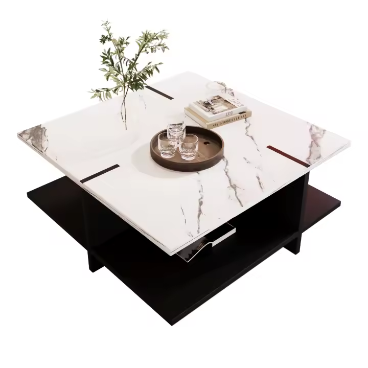 Mesa de centro cuadrada, diseño moderno y minimalista en blanco y negro, aspecto mármol blanco - 1