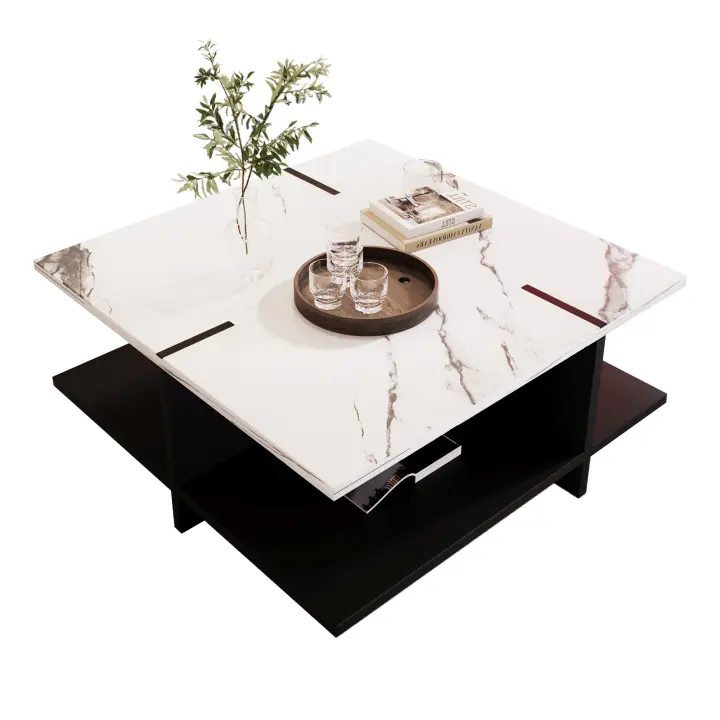 Mesa de centro cuadrada, diseño moderno y minimalista en blanco y negro, aspecto mármol blanco - 1