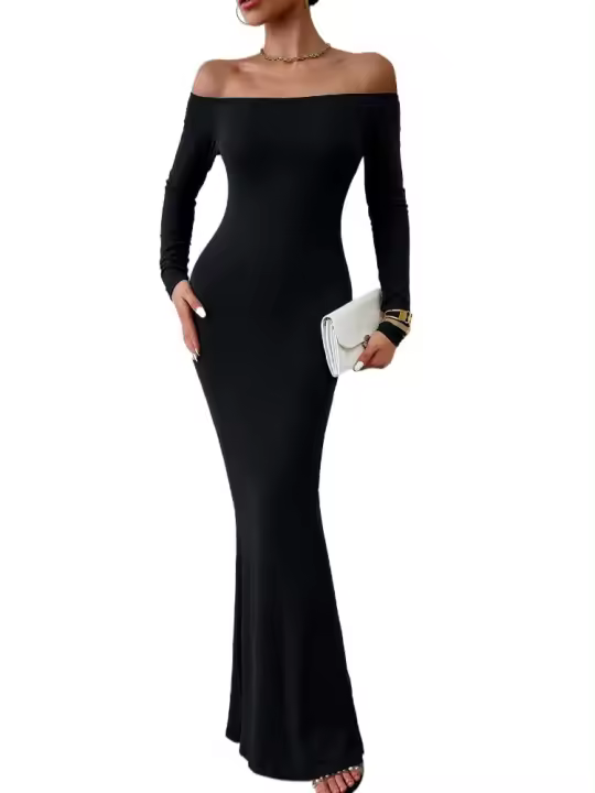 Elegante Vestido Largo con Hombros Descubiertos para Mujer Color Sólido, Moda Nocturna para Primavera Otoño - 1