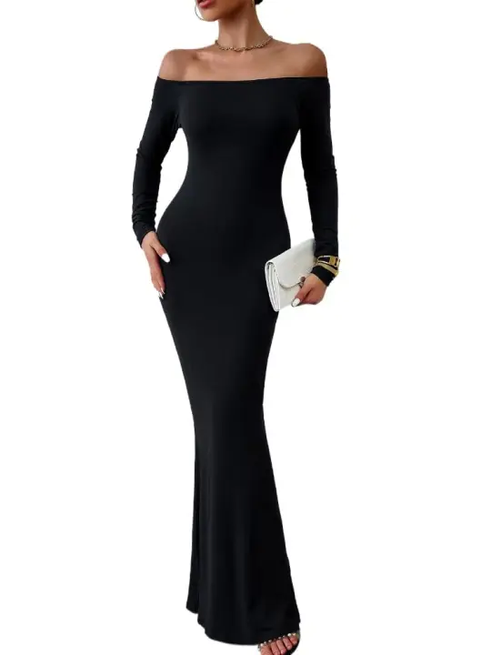 Elegante Vestido Largo con Hombros Descubiertos para Mujer Color Sólido, Moda Nocturna para Primavera Otoño - 1